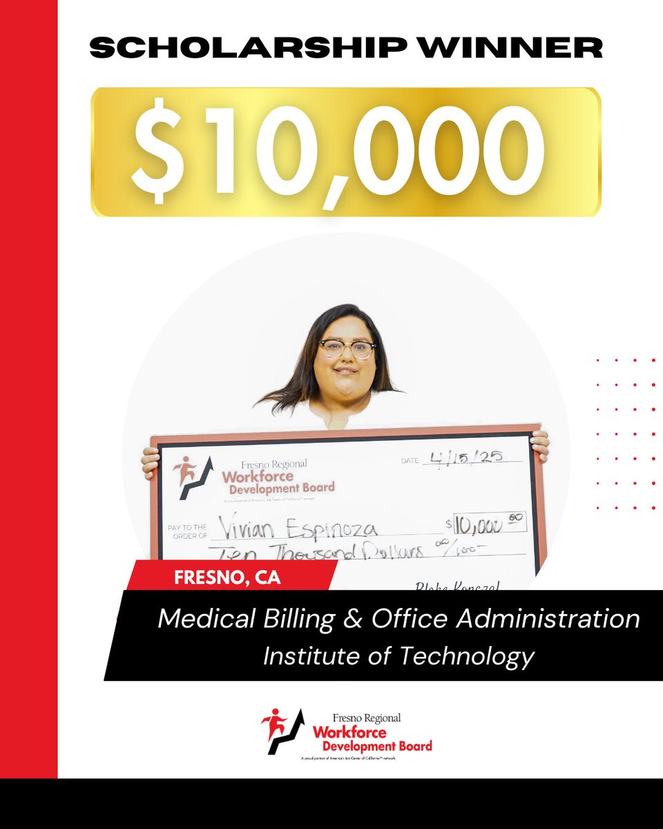 WDB_Fresno's tweet image. Congratulations to Vivian Espinoza for being awarded a $10,000 scholarship to pursue Medical Billing &amp;amp; Office Administration at the Institute of Technology! 🏥💻
 #ScholarshipSuccess #HealthcareCareers #InstituteOfTechnology