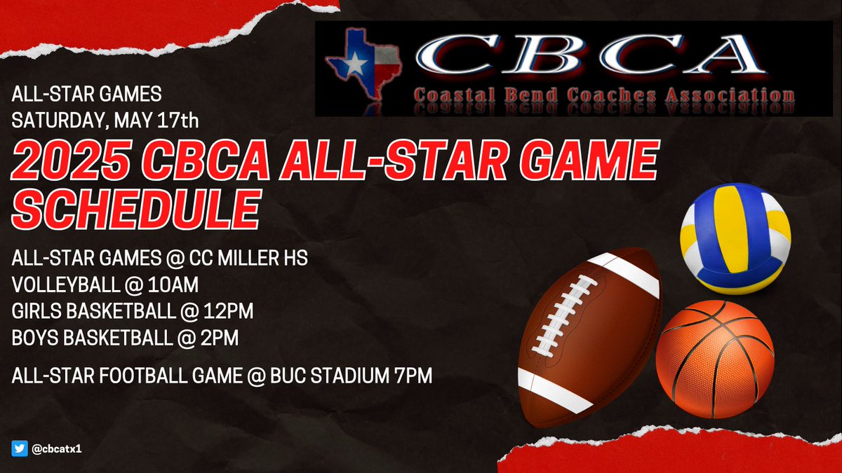Coastal Bend Coaches Association (@cbcatx1) on Twitter photo Come watch some of the coastal bends best at the CBCA All-Star games this weekend. All games at Miller HS. Don't miss it! <a href="/CallerSports/">Caller Sports</a> <a href="/ChrisThomasson7/">Chris Thomasson - KIII Sports</a> <a href="/LarissaLiska/">Larissa Liska</a> Come watch some of the coastal bends best at the CBCA All-Star games this weekend. All games at Miller HS. Don't miss it! <a href="/CallerSports/">Caller Sports</a> <a href="/ChrisThomasson7/">Chris Thomasson - KIII Sports</a> <a href="/LarissaLiska/">Larissa Liska</a>