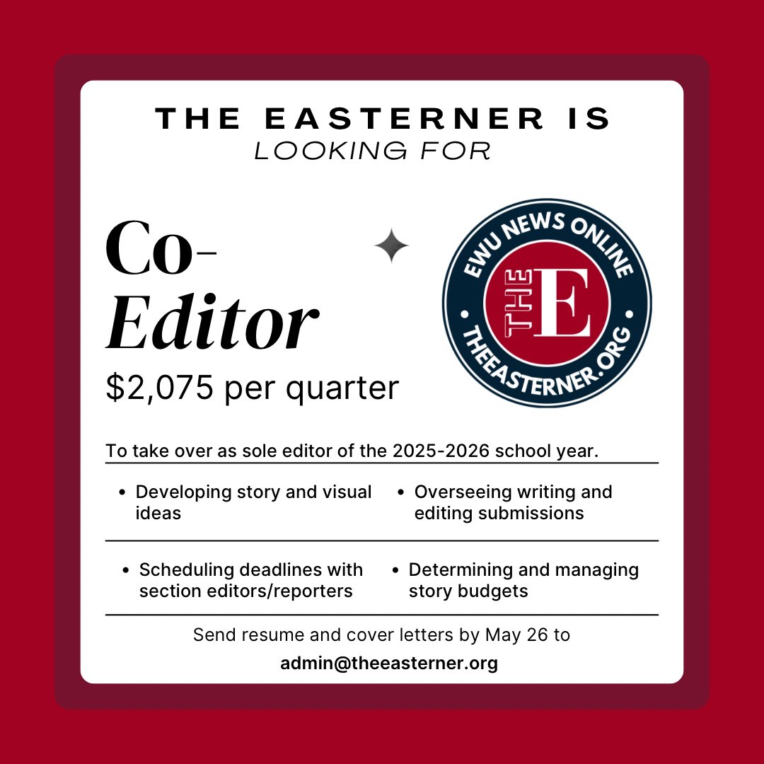 We’re Hiring! 
—————————
Co-editor
($2,075/Quarter)
Responsibilities:
- Developing story and visual ideas.
- Overseeing writing and editing submissions.
- And more. 
Send cover letter and resume to: admin@theeasterner.org