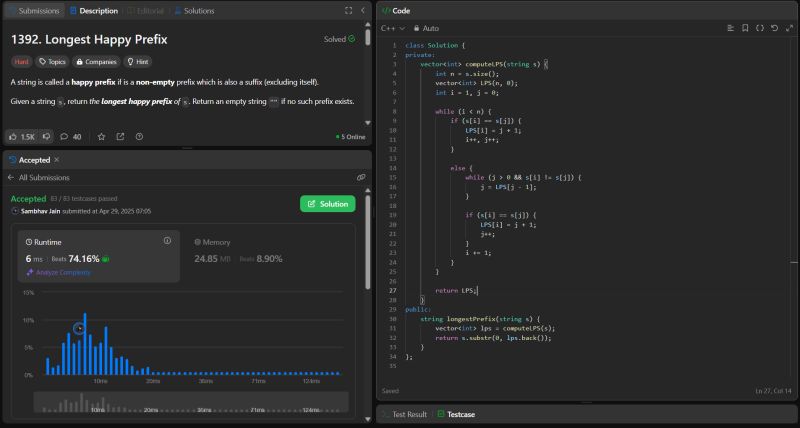 jsambhav5's tweet image. #Day226 of #250DaysOfDSA
Topics and Learnings: #KMPAlgorithm, #String
Problem Revised:
63. #LeetCode #1392 : Longest Happy Prefix
Approach:
Used Knuth–Morris–Pratt algorithm to solve this
Complexity Analysis:
TC: O(N)
SC: O(N)
