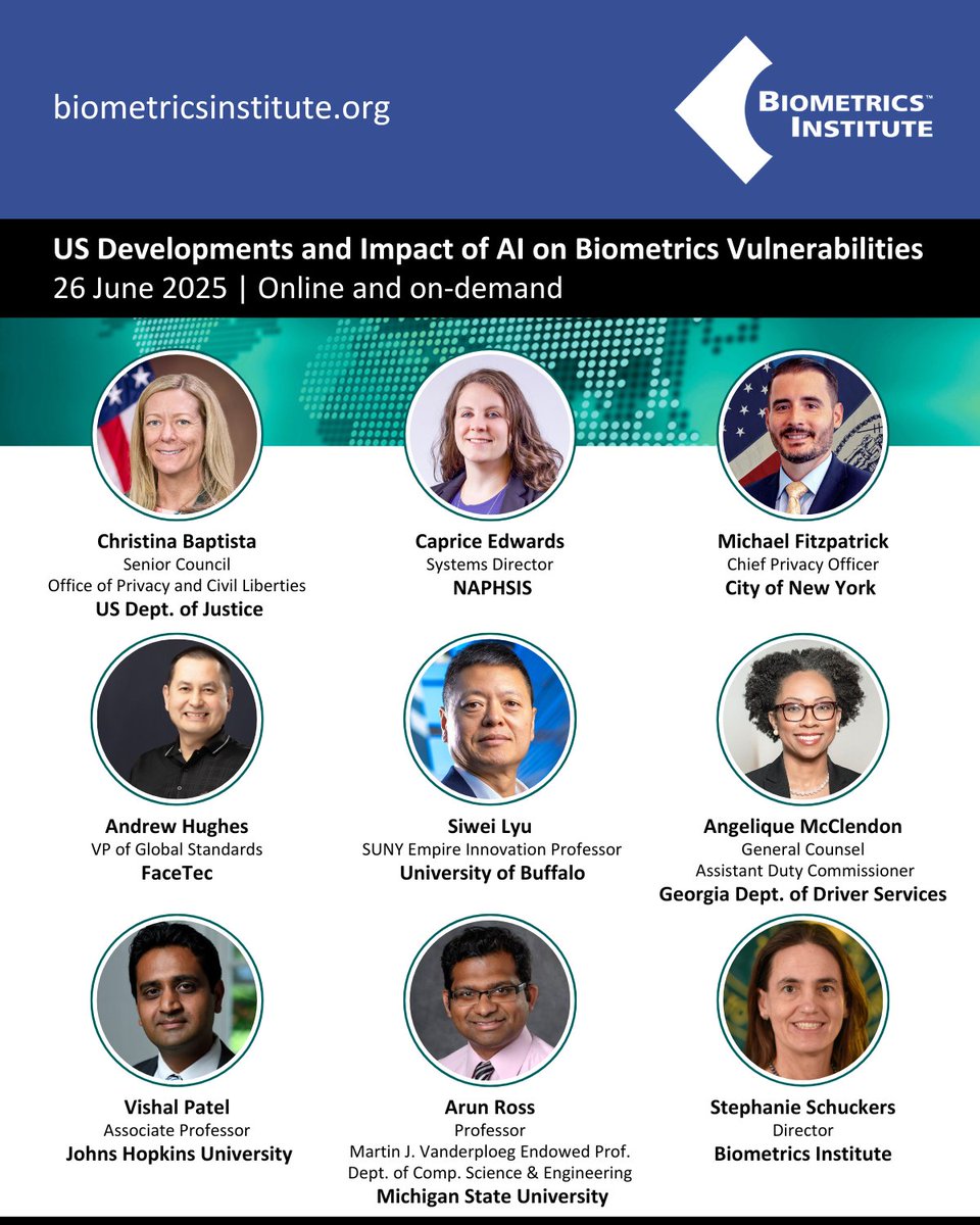 vishalm_patel's tweet image. Honored to be speaking alongside other respected experts at the Biometrics Institute US Biometrics Seminar. We’ll be diving into US biometrics developments and the crucial topic of AI’s impact on vulnerabilities. @HopkinsDSAI @JHUECE @JHUCompSci @HopkinsEngineer @BiometricsInst
