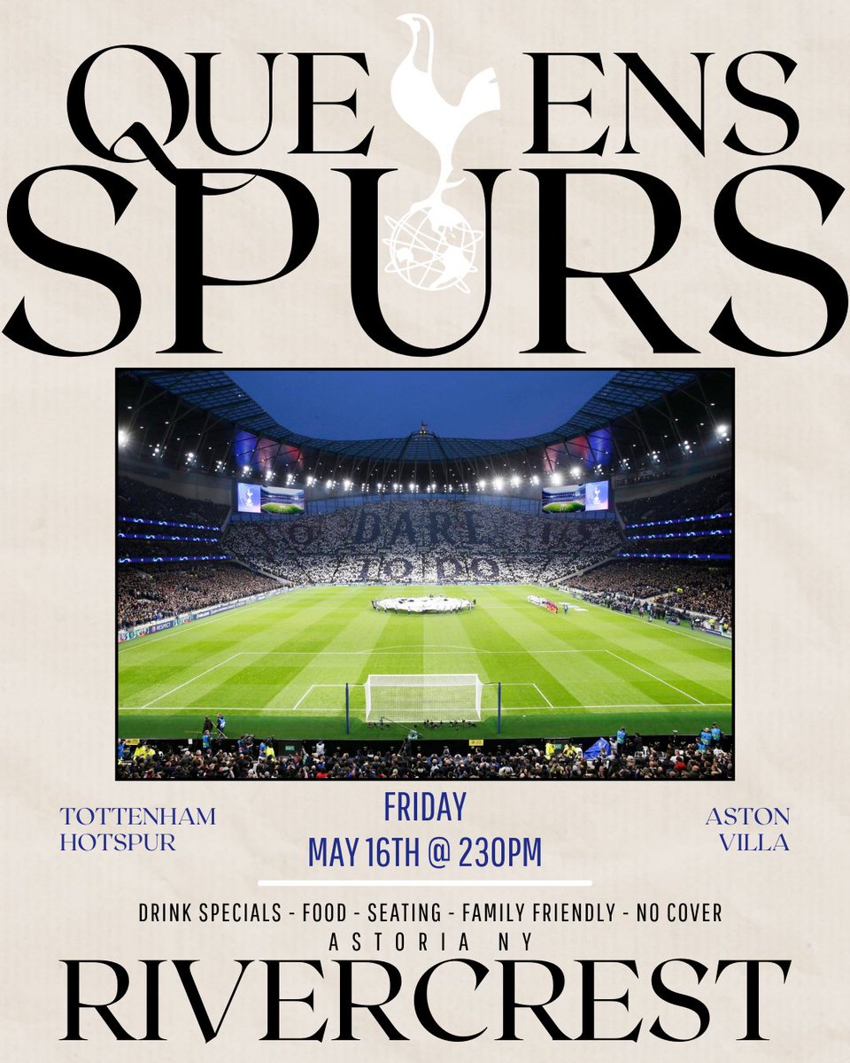Start your weekend early with Queens Spurs at Rivercrest to catch Spurs take on Aston Villa away. Kickoff is at 2:30pm and we will have free Wi-Fi for anyone still on the clock! #COYS #tottenhamhotspur #spurs #ttid #premierleague #astoria #queens