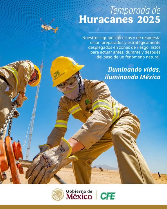 CFEmx's tweet photo. 🌀 Con el inicio de la temporada de huracanes, la CFE refuerza su compromiso con la ciudadanía. 

Gracias a su plan estratégico de atención, implementa acciones en todos sus procesos operativos para prevenir y atender daños a la infraestructura eléctrica. 🗼🔌

🌪️ Antes, durante y después de un fenómeno natural, la prioridad es clara: restablecer el suministro en hospitales 🏥, sistemas de agua potable 🚰 y hogares 🏘️, garantizando una respuesta rápida y eficiente ante cualquier emergencia. 🚨

#TemporadaDeHuracanes #OrgulloCFE