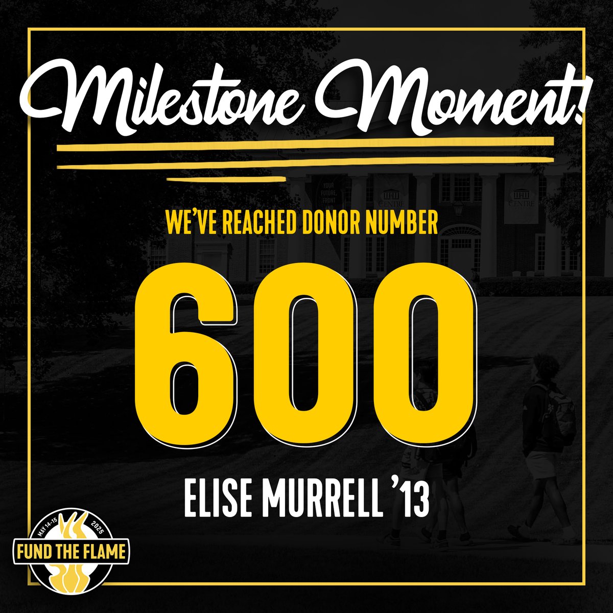 We’ve hit 600 donors! THANK YOU for showing up and showing out for <a href="/CentreC/">Centre College</a>. Every gift fuels the future. Let’s keep it going!

givecampus.com/pclmvp