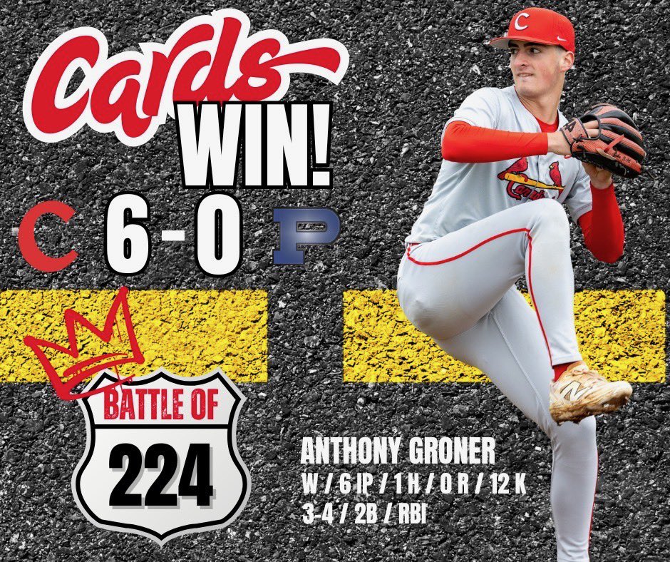 Cards win the Battle of 224 over Poland 6-0 and improve to 14-10

Offense pounded out 9 hits, including:
Boom: 2B + RBI
Jadallah: 💣 (5th) + 2 RBI
Weibling: 2B 
Dovich: 2B + RBI 
Patellis: RBI 

Groner had himself a day as well 👇🏼👇🏼