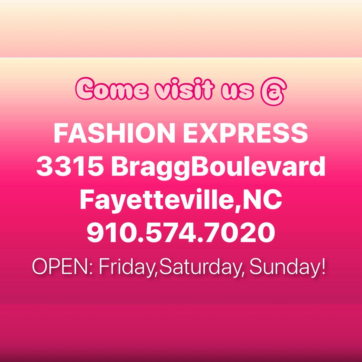 fashionexpressn's tweet photo. #X, #Friends come visit us this #Friday, #Saturday and #Sunday@
FASHION EXPRESS
#FayettevilleNC
910.574.7020
#Clothing, #MenSuits, #MenShirts, #Clergywear & much more… https://t.co/yfzvwe8Enh