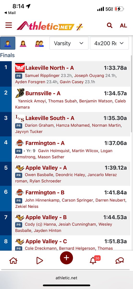 Freshman 4x200m school record. Mason Sather, Gavin Holmquist, Logan Armstrong, Martin Wilcox