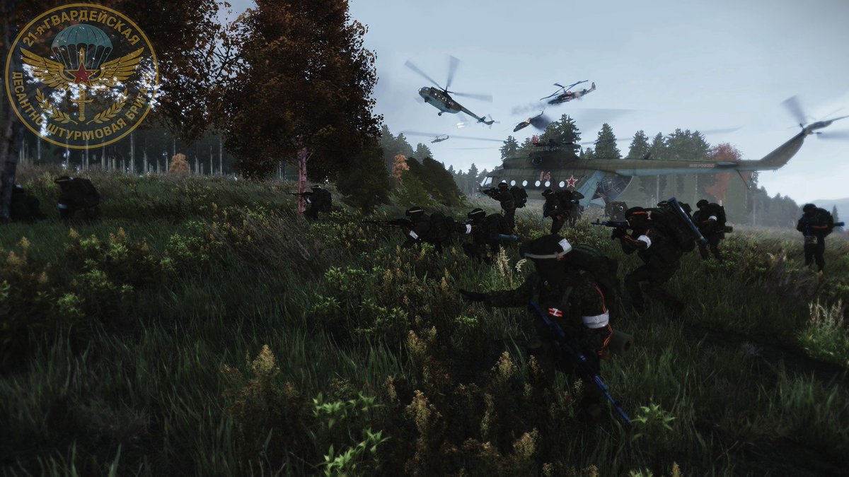 21stGuardsAir's tweet photo. 🚁Some images released from the initial phase of Оperation Северный Скок to secure Vybor Airport on the Northeast side were released by the Russian MOD, even showing one of the 2 Mi-8's shot down during the air assault #Arma3 #Chernarus #GreenSeaConflict https://t.co/3rdzimmGzn