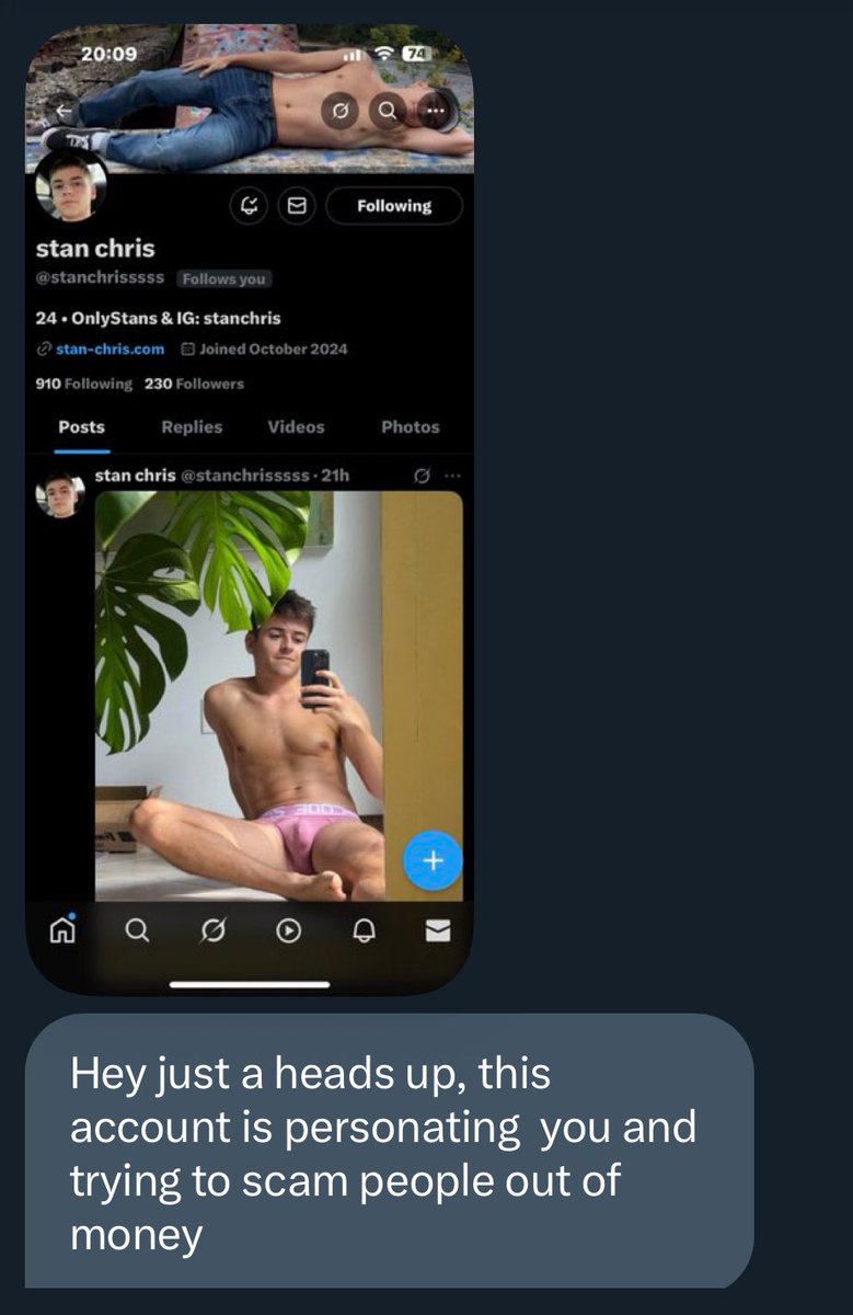 can y’all pls go report <a href="/stanchrisssss/">stan chris</a> they’re scamming people using my pics. Thanks