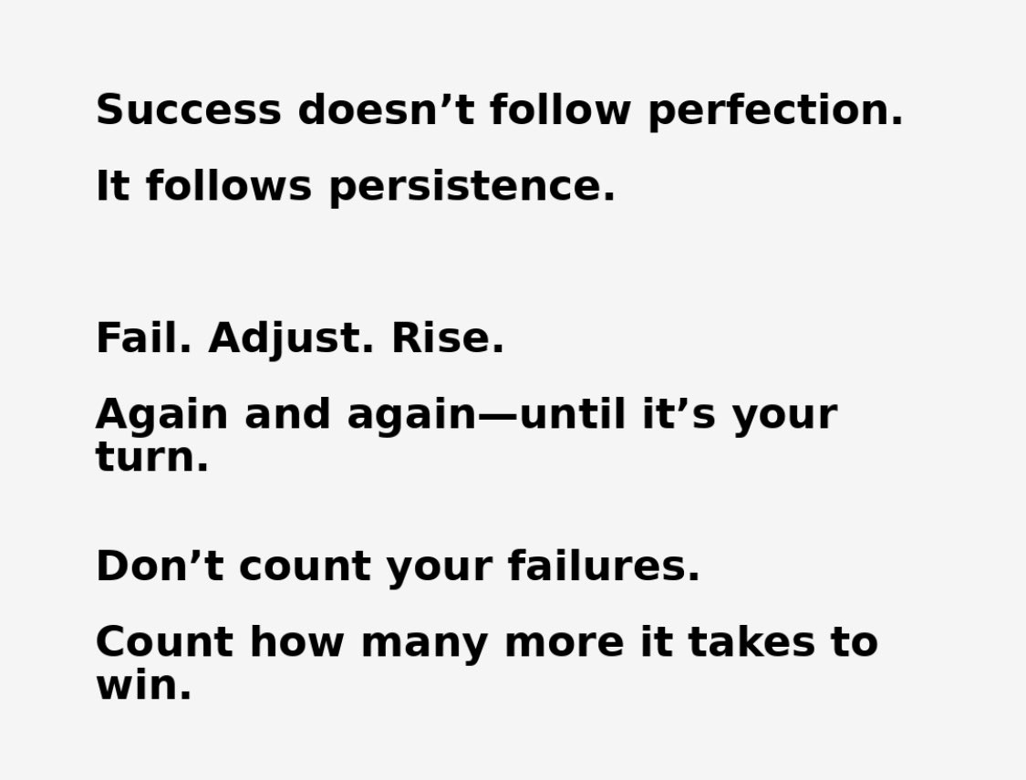 hope_in_now's tweet photo. Hope in Numbers #077
“3.8 times. That’s how often success says: ‘Not yet.’”
The world doesn’t reward perfection.
It rewards persistence.
Fail, adjust, rise.
Again and again—until it’s your turn.
Don’t count your failures.
Count how many more it takes to win.
#DariStats #HopeInNumbers #FailForward #NeverGiveUp