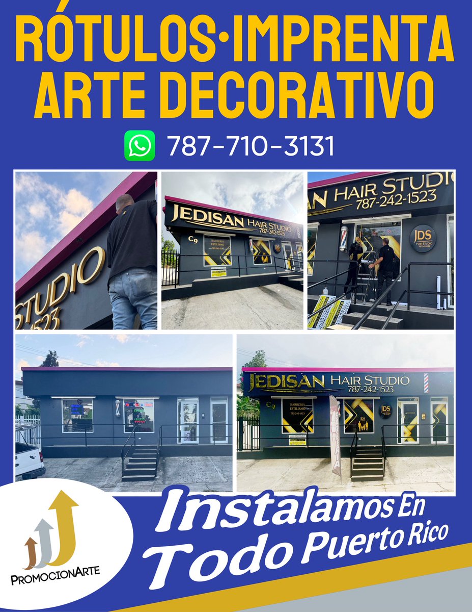 PromocionArtePR's tweet photo. ¡Llegamos e instalamos en TODO Puerto Rico! 🇵🇷✨
¡Rótulos de impacto! 🏪🪧🖼️

* Rotulación de fachada y cristales para los amigos de Jedisan Hair Studio en Trujillo Alto

📲 787-710-3131
📧 info@promocionartepr.com

#PromocionArte #Rótulos #PuertoRico #Signs #Imprenta #NegociosPR https://t.co/xBllol6AaF