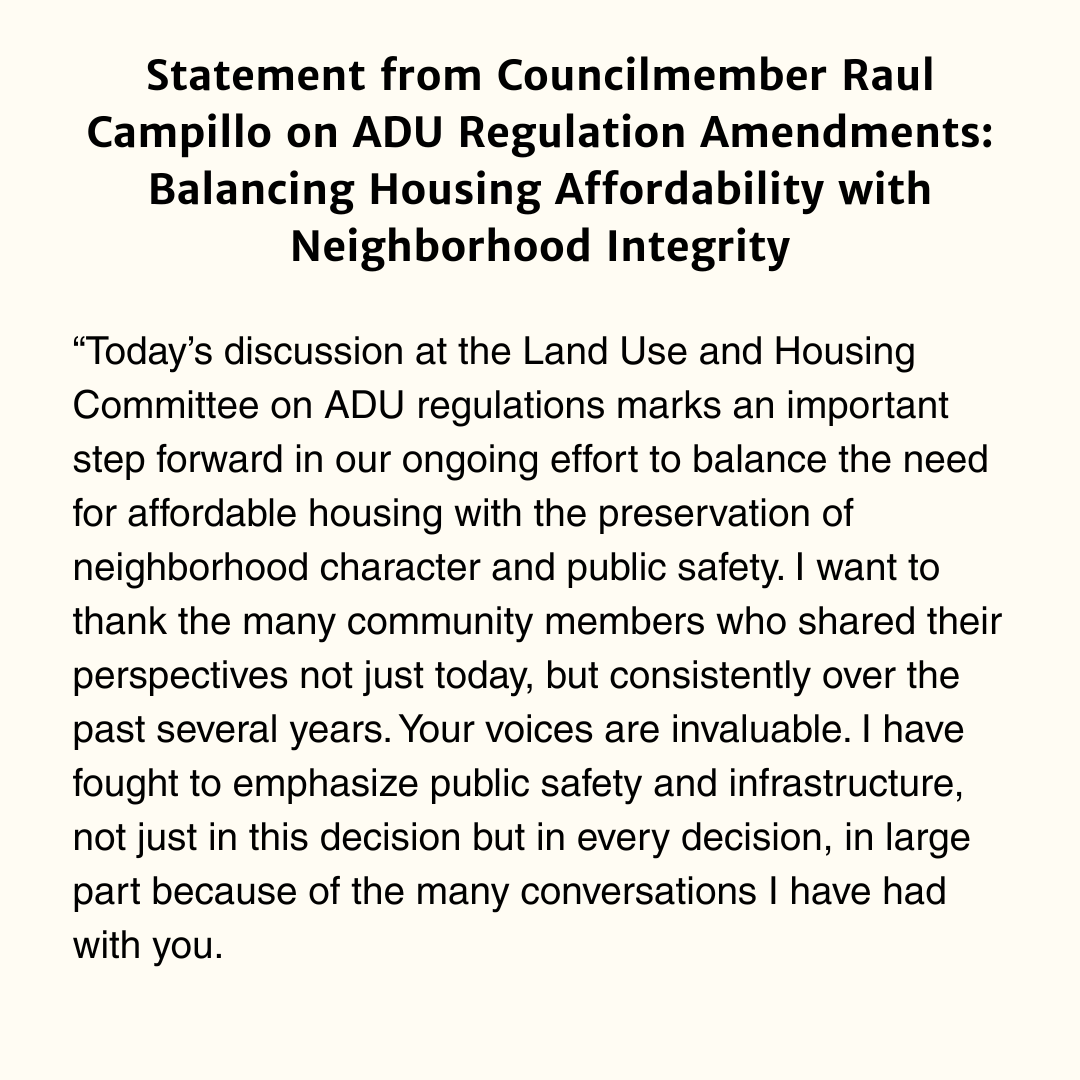CMRaulCampillo's tweet photo. Statement on the ADU regulation amendments voted on today at the Land Use and Housing Committee. https://t.co/KSlNKd4U3W
