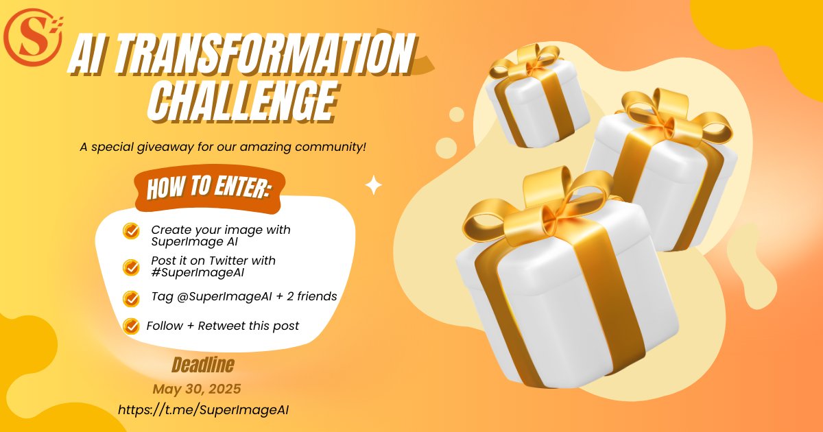 🚨 Extended Till May 30! 🚨
🧠✨ #AITransformation Challenge is still going strong!
Think your AI art has what it takes to shine?
🔥 Join now to win $SIC tokens &amp; Free AI Passes!

📌 How to participate:
1️⃣ Join our Telegram  👉 t.me/SuperImageAI
2️⃣ Enter a prompt to
