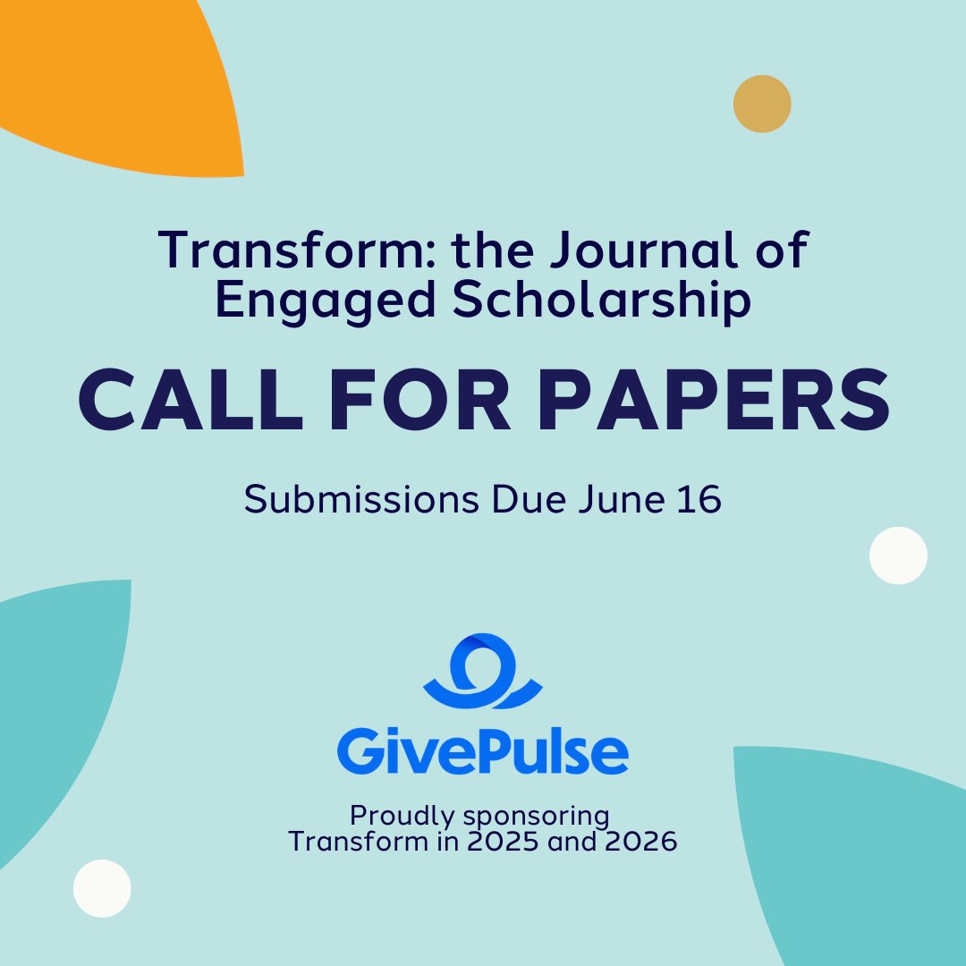 Have you heard? Submissions are now open for the upcoming Transform Journal!
This open-access, peer-reviewed journal advances the scholarship of engagement both in Australia and globally. Proudly sponsored by GivePulse.

See our website for guidelines &gt; engagementaustralia.org.au/transform-jour…