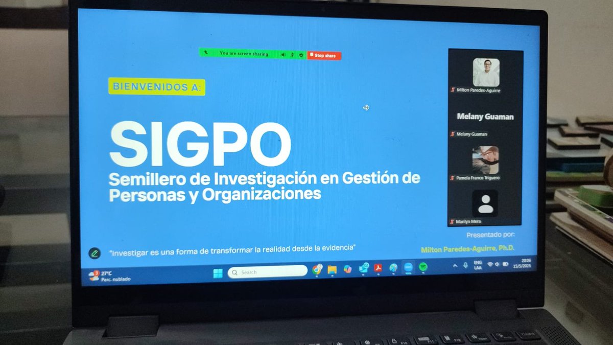 mparedes_a's tweet photo. 🚀 Iniciamos SIGPO, el Semillero de Investigación en Gestión de Personas y Organizaciones.
En la primera sesión, más de 20 estudiantes de @espol  y otras universidades se conectaron para conocer de esta propuesta.
📚 Este semestre aprenderemos a investigar desde cero. https://t.co/CrJ8cpAwBA