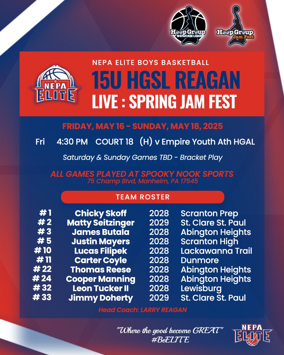 NEPA Elite Basketball (@nepa_elite) on Twitter photo 15U HGSL Reagan πΈ Spring Jam Fest
π May 16-18
π Spooky Nook
Weekend schedule & roster drop β¬οΈ
Almost that time!
π₯ : <a href="/jimmy_doherty4/">Jimmy Doherty</a> <a href="/Chickyskoff28/">Matthew βChickyβ Skoff</a> <a href="/SeitzingerMatty/">Matty Seitzinger</a>
#BeELITE π #NEPAelite <a href="/lreagan/">Larry Reagan</a> 15U HGSL Reagan πΈ Spring Jam Fest
π May 16-18
π Spooky Nook
Weekend schedule & roster drop β¬οΈ
Almost that time!
π₯ : <a href="/jimmy_doherty4/">Jimmy Doherty</a> <a href="/Chickyskoff28/">Matthew βChickyβ Skoff</a> <a href="/SeitzingerMatty/">Matty Seitzinger</a>
#BeELITE π #NEPAelite <a href="/lreagan/">Larry Reagan</a>