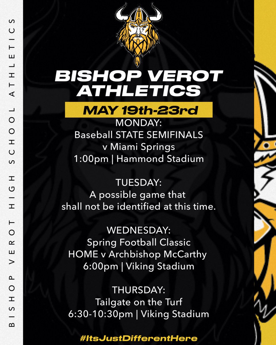 VerotAthletics.org (@verotathletics) on Twitter photo What a week to officially end the 2024-25 school year!
Should be an exciting week for all Viking fans!
#IJDH #SunriseDrive #NonExcidet
<a href="/VerotBaseball/">Bishop Verot Baseball</a> <a href="/BishopVerotFB/">Bishop Verot Football</a> What a week to officially end the 2024-25 school year!
Should be an exciting week for all Viking fans!
#IJDH #SunriseDrive #NonExcidet
<a href="/VerotBaseball/">Bishop Verot Baseball</a> <a href="/BishopVerotFB/">Bishop Verot Football</a>