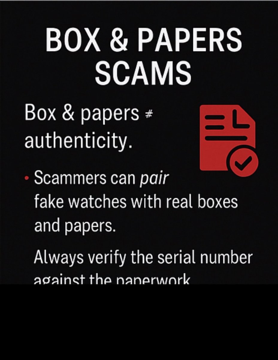 Beyond_Bezels's tweet image. 🎥 COMMON SCAMS TO AVOID

These red flags will save you thousands.

#LuxuryWatchTips #WatchScams #TrustedSellersOnly #WatchCollectorsCommunity #WatchBuyersGuide #BeyondBezels #LuxuryWatchMarket #WatchSafetyTips #NoFakesHere #WatchEducation #LuxuryWatchAlert #CollectorsUnite