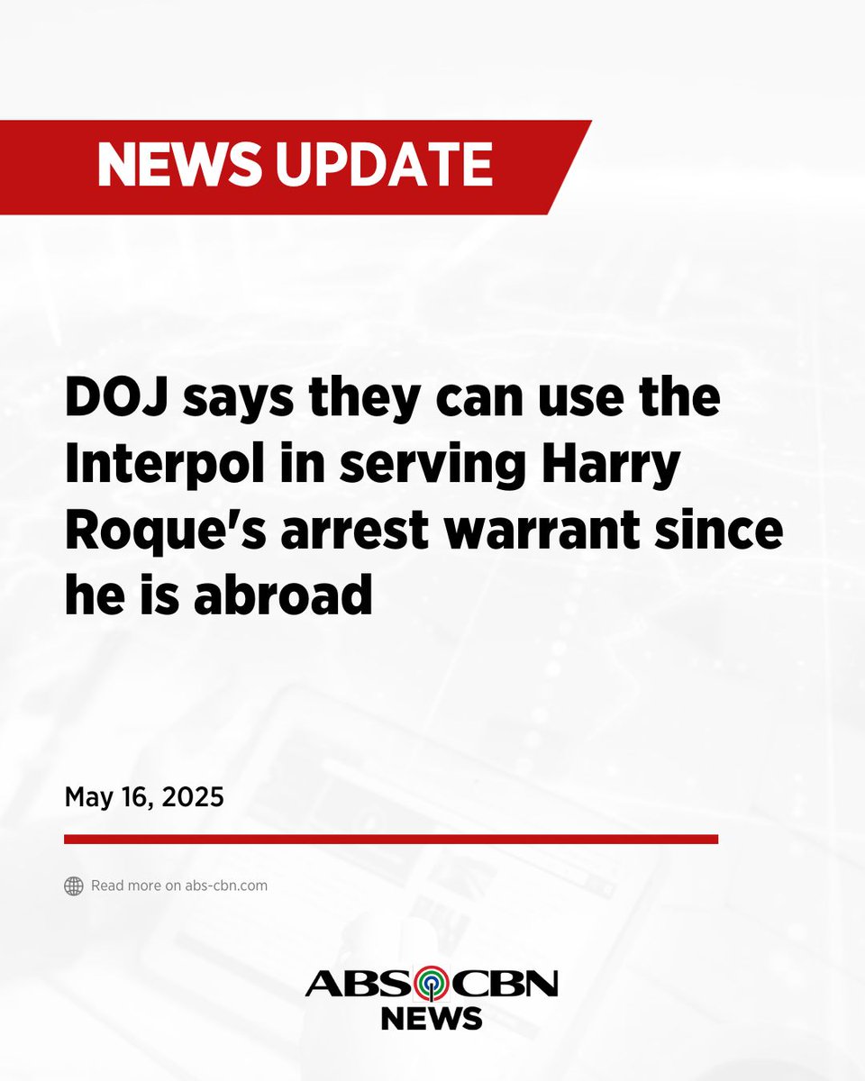 ABSCBNNews's tweet photo. JUST IN: DOJ says they can use the Interpol in serving Harry Roque's arrest warrant since he is abroad.
"That's one of the diplomatic channels available." | via @manahan_job https://t.co/s38rMiIIS9
