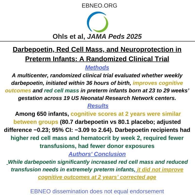 Evidence-Based Neo (@ebneo) on Twitter photo Darbepoetin administration to preterm infants did not result in higher cognitive scores at 2 years of age but, did increase red cell mass, ⬇️ need for red cell transfusion by 19% (NNT ~5) buff.ly/6Ll8Gwf <a href="/JAMAPediatrics/">JAMA Pediatrics</a> Robin Ohls (PI) and <a href="/NICHD_NIH/">NICHD News</a> Darbepoetin administration to preterm infants did not result in higher cognitive scores at 2 years of age but, did increase red cell mass, ⬇️ need for red cell transfusion by 19% (NNT ~5) buff.ly/6Ll8Gwf <a href="/JAMAPediatrics/">JAMA Pediatrics</a> Robin Ohls (PI) and <a href="/NICHD_NIH/">NICHD News</a>