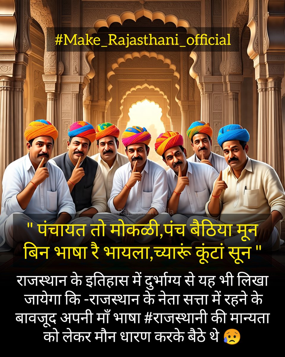 "पंचायत तो मोकळी,पंच बैठिया मून
बिन भाषा रै भायला,च्यारूं कूंटां सून"
#Make_Rajasthani_official
इतिहास में दुर्भाग्य से यह भी लिखा जायेगा कि राजस्थान के नेता सत्ता में रहने के बावजूद अपनी भाषा #राजस्थानी की मान्यता को लेकर मौन धारण करके बैठे थे 😥 #राजस्थानी_राजभाषा