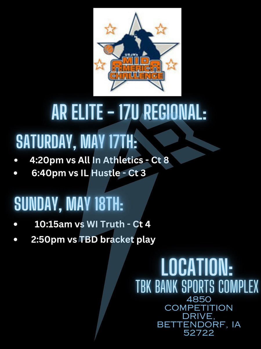 Coach’s, come out and watch my team and I play this weekend at the Mid America Challenge! 

<a href="/CoachNikia45461/">Coach Nikia</a> <a href="/ARelite_/">AR Elite</a> <a href="/coachbrase/">Brent Brase</a> <a href="/CoachRose__/">Rose Shimaoka</a> <a href="/N3TT54/">Shonett Davis</a> <a href="/coachkenny3/">Coach Kenneth Blake</a>