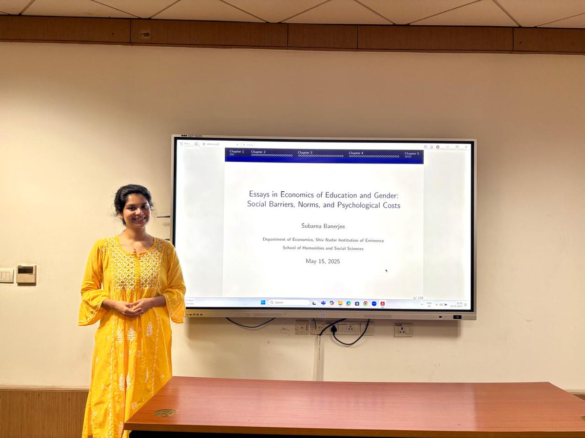 Congratulations Subarna <a href="/SubarnaBee/">Subarna Banerjee</a> for defending PhD thesis "Essays in Economics of Education and Gender: Social Barriers, Norms, and Psychological Costs." An MSc <a href="/EconomicsShiv/">Economics Department, Shiv Nadar IoE</a>  in 2021, A <a href="/ncaer/">NCAER</a> -NDIC fellow 2024, joining <a href="/uniGoettingen/">Uni Göttingen</a> as Stephan Klasen Post-Doctoral Fellow