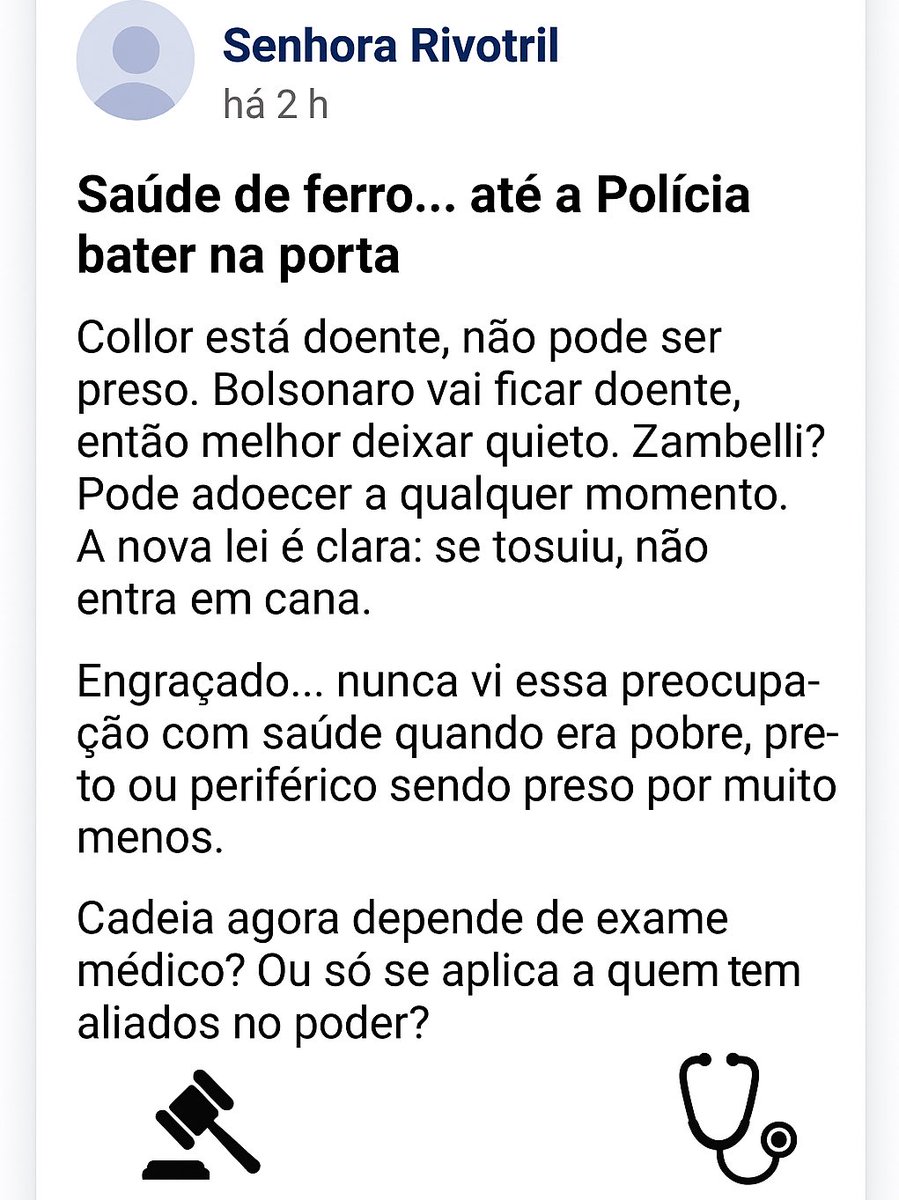 Saúde de ferro... até a Polícia federal fazer toc toc 

É incrível. Collor está doente, coitado, não pode ser preso. Bolsonaro vai ficar doente, então melhor nem mexer com ele. Carla Zambelli? Ah, essa pode adoecer a qualquer momento então, por via das dúvidas, deixa ela solta.