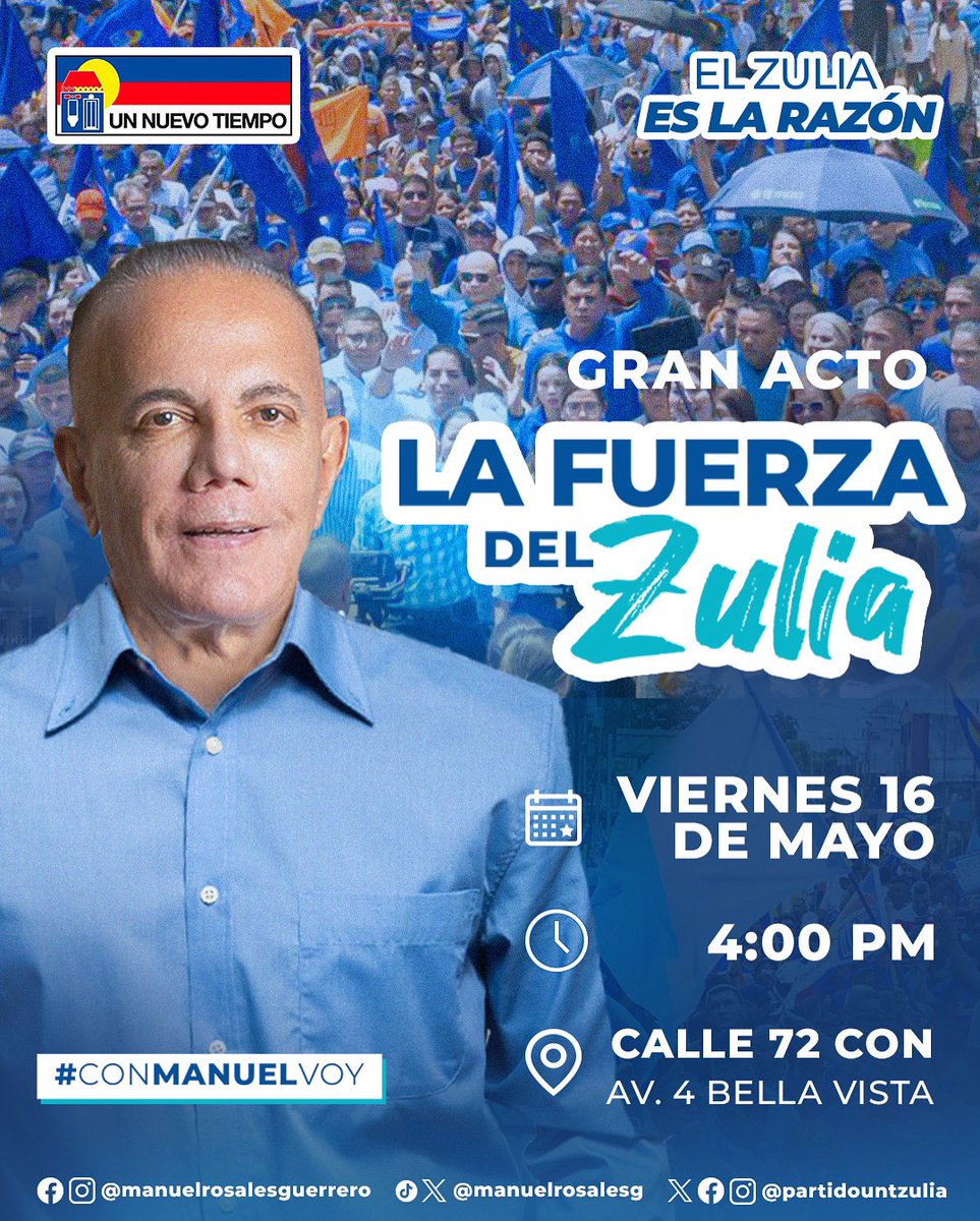 Este viernes 16 de mayo, a las 4:00 de la tarde, los espero en la calle 72 con avenida 4 Bella Vista de Maracaibo para el cierre de campaña de la zulianidad.

Desde ese sitio emblemático, ratificaremos que el Zulia es el faro de esperanza que ilumina la lucha en Venezuela.