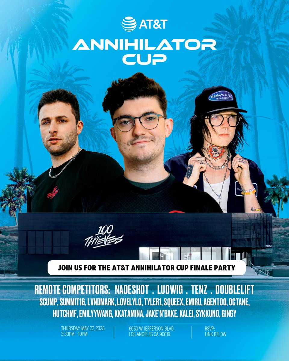 100 Thieves (@100thieves) on Twitter photo You ready? We’ll be hosting a watch party for the <a href="/ATT/">AT&T</a> Annihilator Cup Finale at the Compound.
Joined by <a href="/OctaneSam/">Sam “Octane” Larew</a>, <a href="/AustinOnTwitter/">Austin Show</a>, and a live performance by <a href="/suecothechild/">sueco</a>
RSVP below. See you there. You ready? We’ll be hosting a watch party for the <a href="/ATT/">AT&T</a> Annihilator Cup Finale at the Compound.
Joined by <a href="/OctaneSam/">Sam “Octane” Larew</a>, <a href="/AustinOnTwitter/">Austin Show</a>, and a live performance by <a href="/suecothechild/">sueco</a>
RSVP below. See you there.