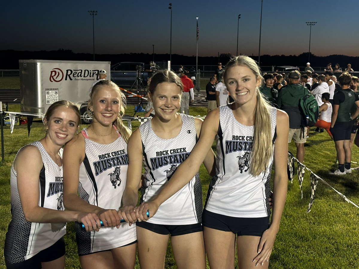 rockcreektf's tweet photo. The girls 4x400 team of Kennedy Whaley, Karli Reitz, Kylee Frazee, and Ayla Klingenberg smashes the school record with a time of 4:02.20!!!! The sky is the limit for this group! @RockCreekHS @RCHS_PTO @sportsinkansas https://t.co/HLZePTMG3z