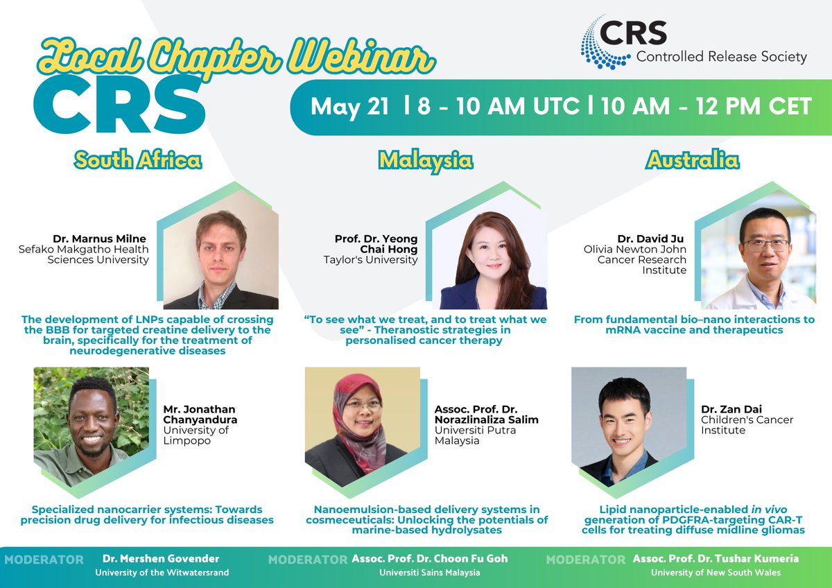 Drug Delivery Australia (@australiancrs) on Twitter photo Learn about the cutting-edge research from 🇦🇺🇲🇾🇿🇦
Join the <a href="/CRSScience/">Controlled Release Society</a> Local Chapter Webinar on 21st May!
Representing CRS Australia:
Dr. David Ju from <a href="/ONJCRI/">ONJ Cancer Research Institute</a>
Dr. Zan Dai from <a href="/UNSW/">UNSW</a>
Moderated by <a href="/TKumeria/">Dr. Tushar Kumeria</a> from <a href="/UNSWScience/">UNSW Science</a>
🕗 8–10 AM UTC | 6–8 PM AEST
<a href="/CRSMalaysia/">CRS Malaysia Local Chapter (MyCRS)</a> #CRSSA Learn about the cutting-edge research from 🇦🇺🇲🇾🇿🇦
Join the <a href="/CRSScience/">Controlled Release Society</a> Local Chapter Webinar on 21st May!
Representing CRS Australia:
Dr. David Ju from <a href="/ONJCRI/">ONJ Cancer Research Institute</a>
Dr. Zan Dai from <a href="/UNSW/">UNSW</a>
Moderated by <a href="/TKumeria/">Dr. Tushar Kumeria</a> from <a href="/UNSWScience/">UNSW Science</a>
🕗 8–10 AM UTC | 6–8 PM AEST
<a href="/CRSMalaysia/">CRS Malaysia Local Chapter (MyCRS)</a> #CRSSA