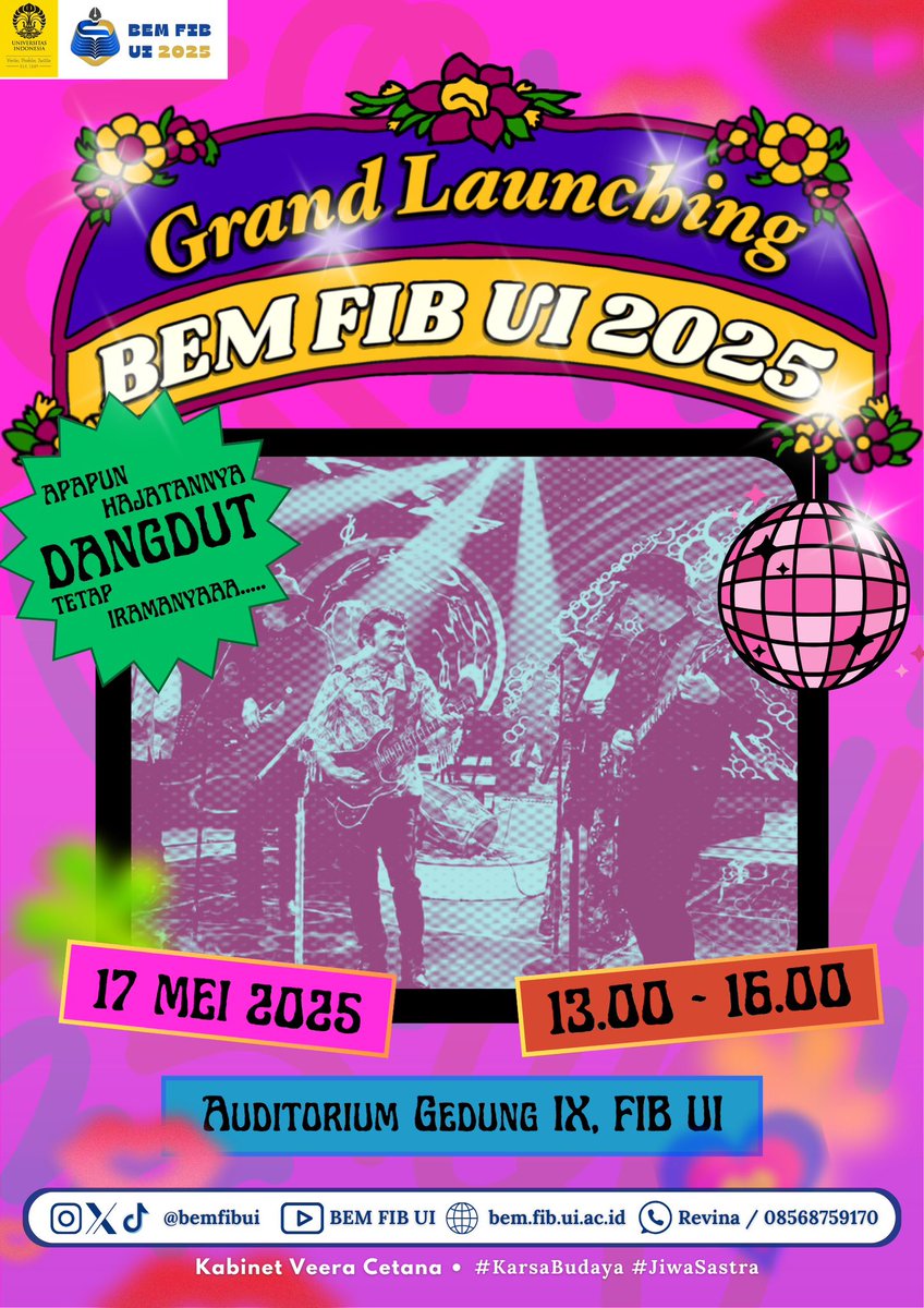 PAGII SEMUAA, BEM FIB UI Izin Jump In nih🤭💛

Tau kannn besok BEM FIB UI bakal ngadain Grand Launching yang temanya ituu dangdut, yukk isi RSVP bagi yang akan datang!
Kami tunggu kedangdutan kalian yawww🤩‼️❤️‍🔥