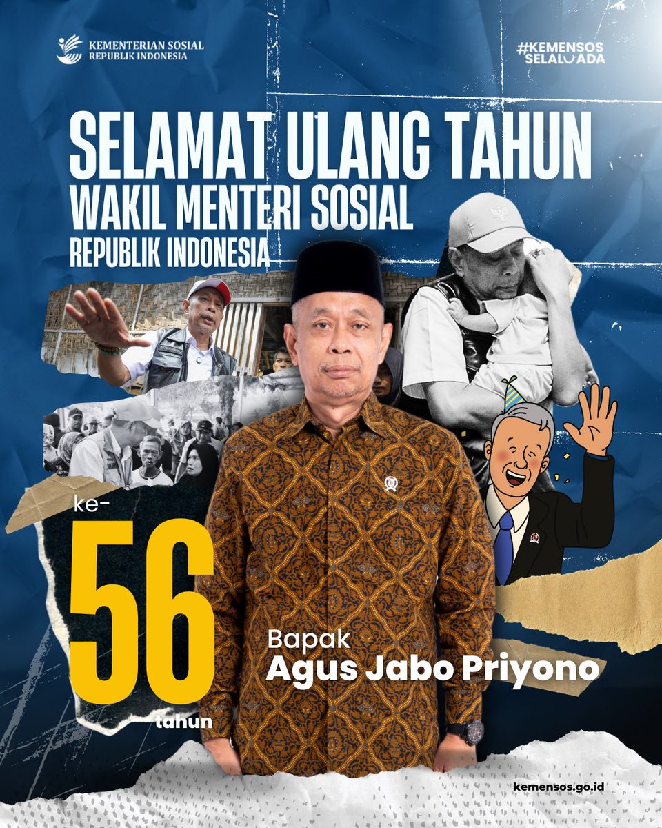 Selamat Ulang Tahun ke-56 untuk Bapak Agus Jabo Priyono.

Semoga selalu diberi kesehatan, kekuatan, dan kebijaksanaan dalam mengabdi untuk kesejahteraan sosial Indonesia 🎉🎂💛