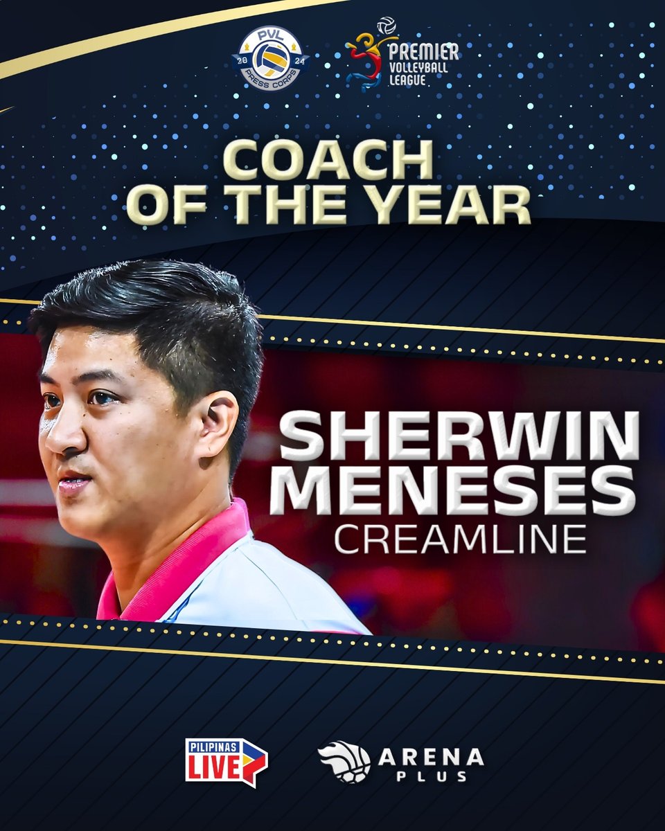 PVLPressCorps's tweet photo. THE MAN WITH A PLAN

For manufacturing one of the best dynasties in Philippine volleyball, Creamline’s Sherwin Meneses is the Coach of the Year at the Pilipinas Live PVL Press Corps Awards Night Presented by Arena Plus.

#PVLPCAwards https://t.co/QR9MGwAIvP