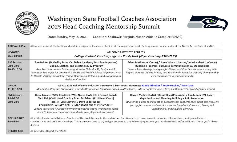 WSFCA (@wsfca1) on Twitter photo We have had TWO last minute openings for the WSFCA New/Aspiring Head Coach Mentor Program. A couple of attendees had to cancel.
The event is FREE to a WSFCA member coach.
🗓️ Sunday, May 18
⏰ 8am - 4pm
📍 VMAC (Seahawks HQ)
Email: wsfca1@gmail.com We have had TWO last minute openings for the WSFCA New/Aspiring Head Coach Mentor Program. A couple of attendees had to cancel.
The event is FREE to a WSFCA member coach.
🗓️ Sunday, May 18
⏰ 8am - 4pm
📍 VMAC (Seahawks HQ)
Email: wsfca1@gmail.com