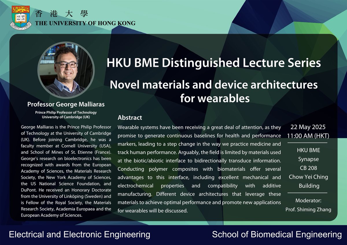Shiming Zhang (@jluoled) on Twitter photo Our great pleasure to host Prof. George Malliaras <a href="/GeorgeMalliaras/">George Malliaras</a> for a HKU BME Distinguished Lecture on Wearables. Welcome to join if you are nearby! <a href="/HKUniversity/">The University of Hong Kong</a> <a href="/hkumed/">HKU Medicine</a> <a href="/HKUEngg/">HKU Faculty of Engineering</a> Our great pleasure to host Prof. George Malliaras <a href="/GeorgeMalliaras/">George Malliaras</a> for a HKU BME Distinguished Lecture on Wearables. Welcome to join if you are nearby! <a href="/HKUniversity/">The University of Hong Kong</a> <a href="/hkumed/">HKU Medicine</a> <a href="/HKUEngg/">HKU Faculty of Engineering</a>