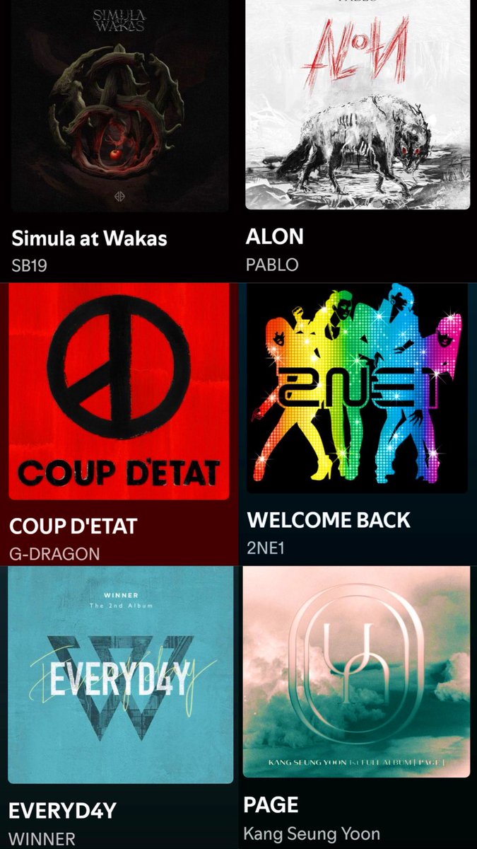 xxwinbangSB1921's tweet photo. I couldn’t pick just one album so yeahh.. I chose 6 albums everyone should listen to. 🫶🏻 

#SimulaAtWakas @SB19Official 
#ALON @imszmc 
#WelcomeBack @2ne1 
#CoupD’Etat @IBGDRGN 
#Everyday @yg_winnercity 
#PAGE @official_yoon_ https://t.co/duj9iT3CPI