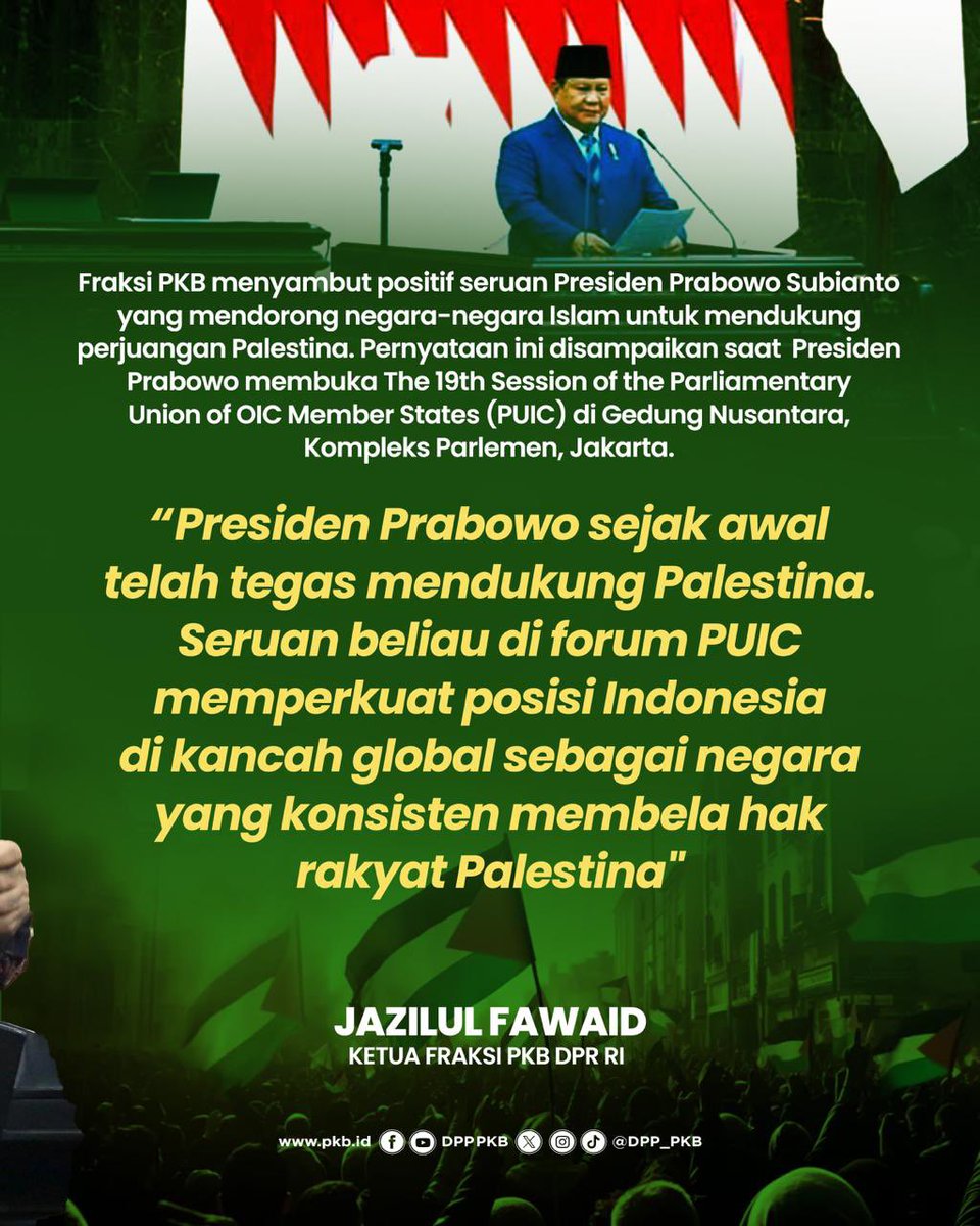 Presiden Prabowo menyerukan dukungan negara-negara Islam untuk Palestina. Ketua Fraksi PKB DPR RI <a href="/Jazilul_Fawaid/">Jazilul Fawaid</a> apresiasi langkah ini sebagai bukti komitmen Indonesia membela hak rakyat Palestina di kancah global.

#Palestina 
#DiplomasiIndonesia