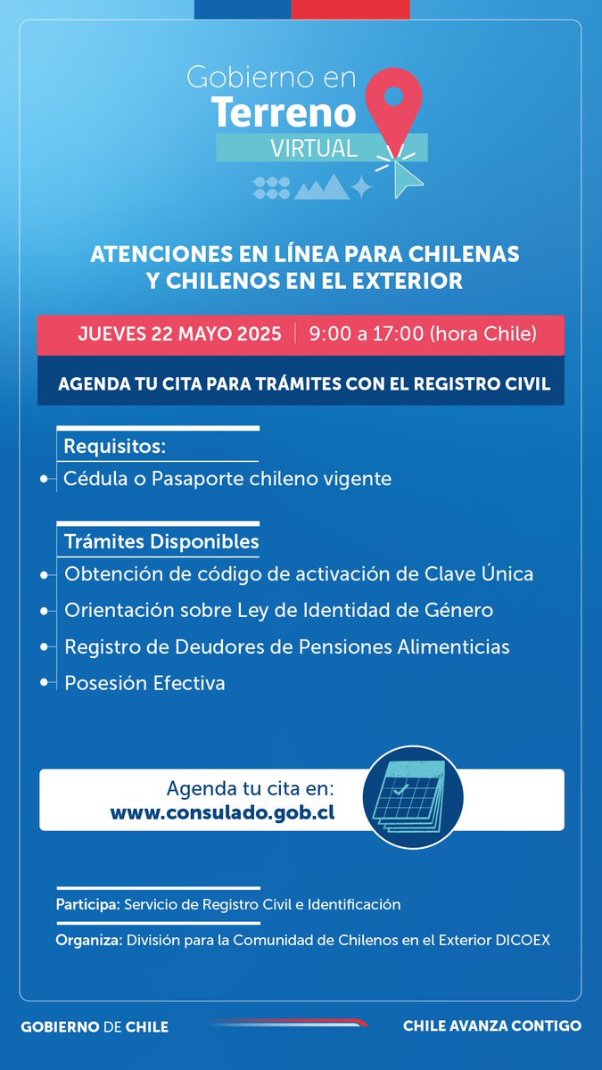 ¿Aún no cuentas con tu #ClaveÚnica? 😮
¡El 22 de mayo conéctate al #GobiernoEnTerrenoVirtual 💻 con funcionarios de <a href="/RegCivil_Chile/">Registro Civil e Identificación - Chile</a> y solicítala!
Revisa más información: bit.ly/3H9Ys4E
