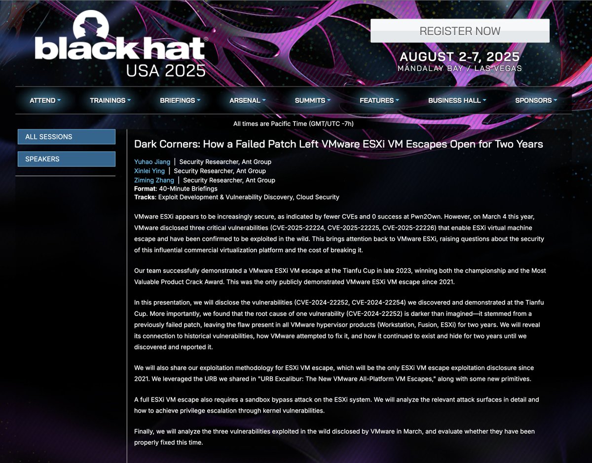 Our talk "Dark Corners: How a Failed Patch Left VMware ESXi VM Escapes Open for Two Years" has been accepted by BlackHat USA 2025!

Super excited to present this work with <a href="/0x140ce/">0x140ce</a> and <a href="/ezrak1e/">Ezrak1e</a>. See you at #BHUSA! <a href="/BlackHatEvents/">Black Hat</a>

blackhat.com/us-25/briefing…