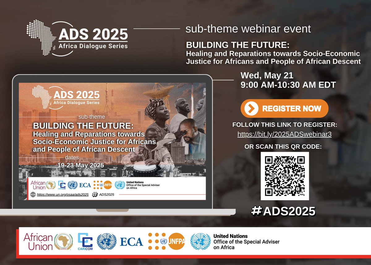 🔊Participate in the 3⃣rd webinar at #ADS2025 to discuss healing from the past, tackling the present and creating a prosperous future anchored in #justice for Africans and People of #African Descent.

🗓️21 May
🕒 9 a.m. EST
📲 Register bit.ly/2025ADSwebinar3

#SDG16