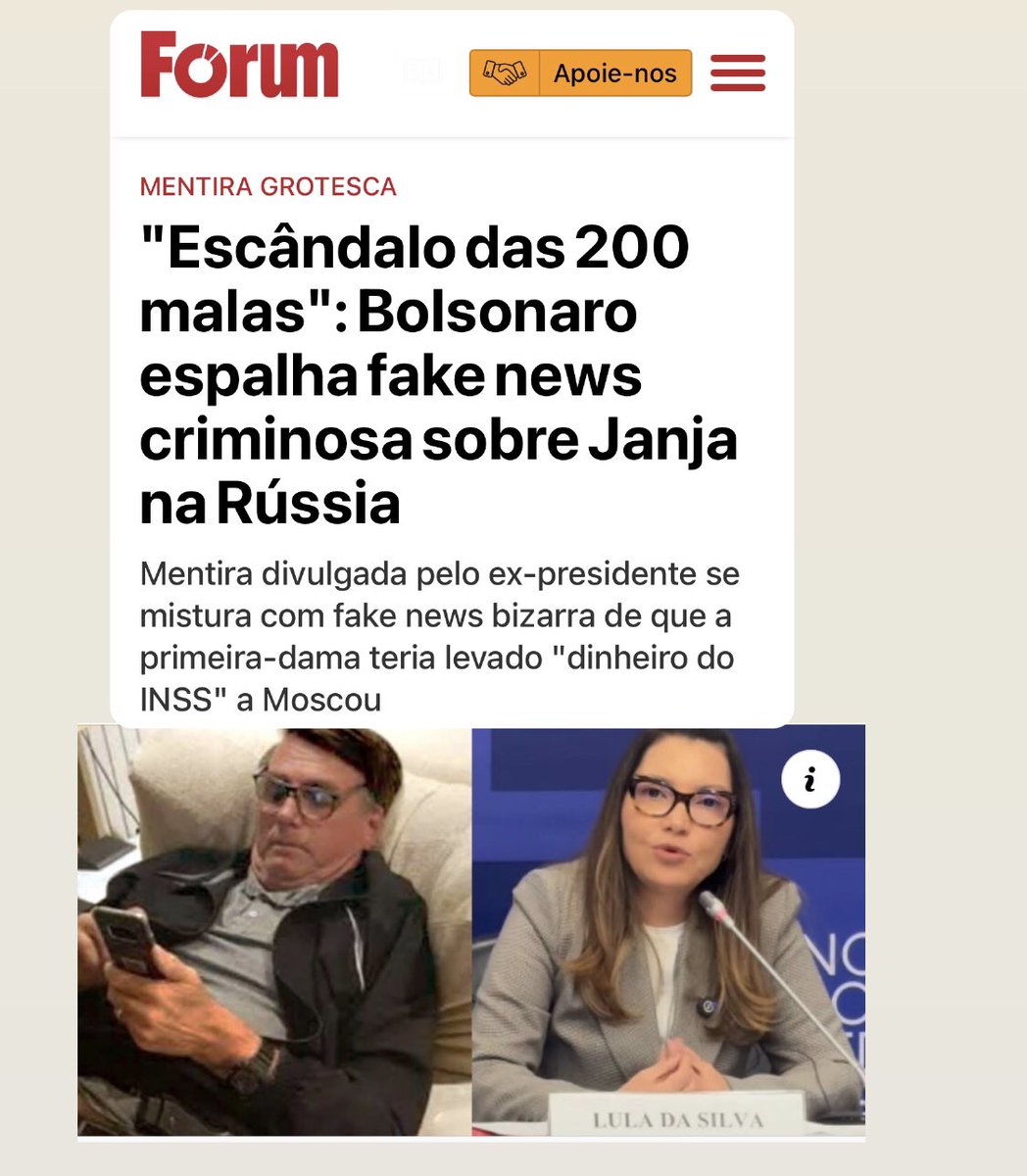 Bolsonaro e as 200 malas de dinheiro : 
Roteiro digno de Oscar… de fake news! Janja teria que ter quase um aeroporto particular pra despachar mentira em grande estilo. Quem diria que a criatividade , vai além de mostrar as tripas , ele consegue inventar historinha também …