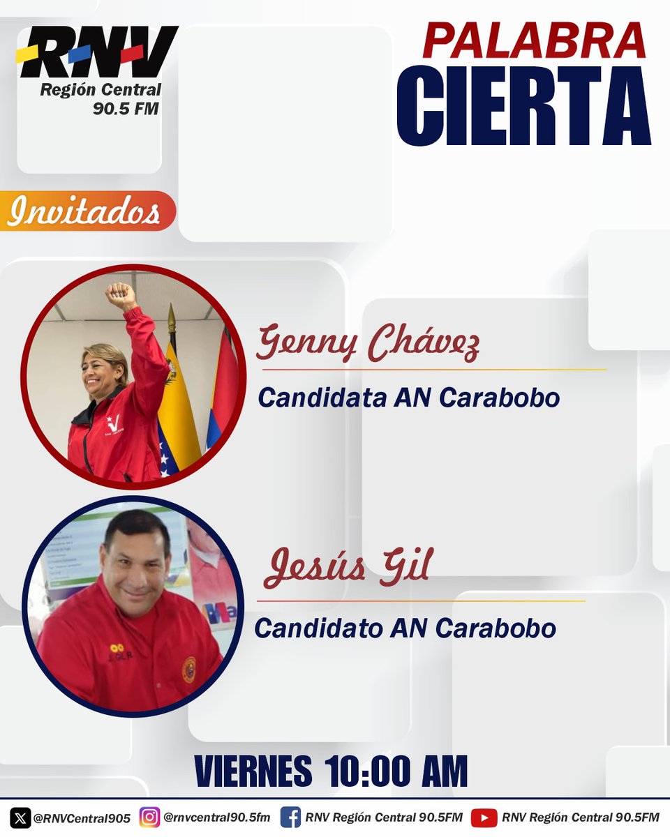 #Sintoniza🎙️🎧|| Este viernes #16May escucha por la <a href="/RNVCentral905/">RNV REGIONCENTRAL</a> tu programa Palabra Cierta, el cual tendrá como invitados a candidatos a la Asamblea Nacional por Carabobo|| 10 AM #EnVivo por #Instagram y #Youtube ¡Con la Verdad por Delante!