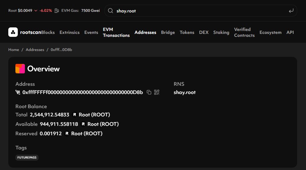 ‼️🔔🚨 𝗥𝗘𝗠𝗜𝗡𝗗𝗘𝗥 ‼️🔔🚨

@rootscan + @rootnameservice makes life easy peasy.

Need to find a wallet? Enter the RNS in the search bar of rootscan.io and it will return the wallet address it’s attached to along with the Primary RNS Identity set for that wallet!
