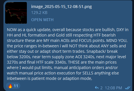 Capital_Hungry's tweet photo. I took a loss today at NY with a rushed sell attempt at 3175s and 3200 but then had a sell limit at area of interest 3240s as shared ahead of time. 2L and 1W but the W is more lucrative sticking with the same bias, fundamentals and structure.

This is active for 300+ pips with majority position secured and partial will be running to low targets if possible.

Overall have been sticking to Gold sells since the end of last week with insights shared publicly:
- Trade war fear priced in
- China US Truce
- India Pakistan ceasefire
- DXY stabilizing
- Technical structure shift with profit taking moves by market makers from Golds ATHs area

Step by step updates from news headlines, data, pricing, entries, psychology, wins, losses, process given to the private channel.
