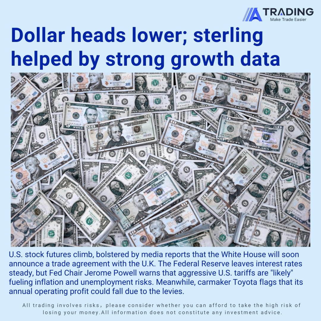 AAATrading_OS's tweet photo. Dollar heads lower; sterling helped by strong growth data
In Europe, GBP/USD rose 0.1% to 1.3274, with sterling boosted by the news that Britain’s economy grew more strongly than expected in the first quarter of 2025.

#forex #trading #aaatrading #stockmarkets  #tariff #GBP  #USD