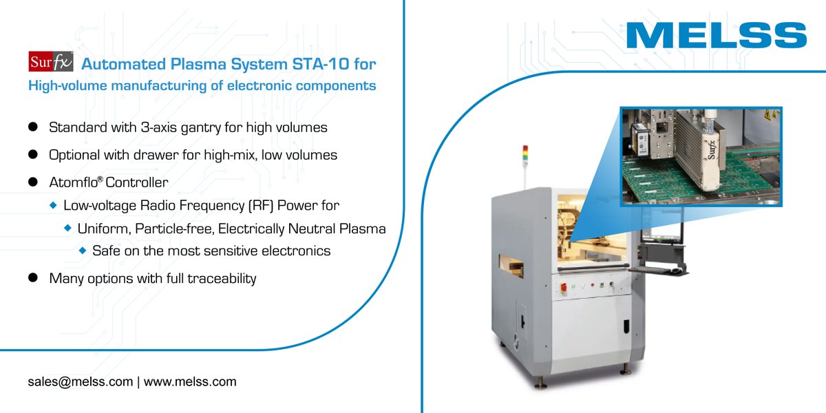 melssindia's tweet image. We bring you the STA-10iL from #Surfx — an automated plasma system for #SemiconductorPackaging and #ElectronicsManufacturing. Enhances substrate bonding with in-line conveyance for high-speed, high-volume production, or optional drawer for high-mix, low-volume production.