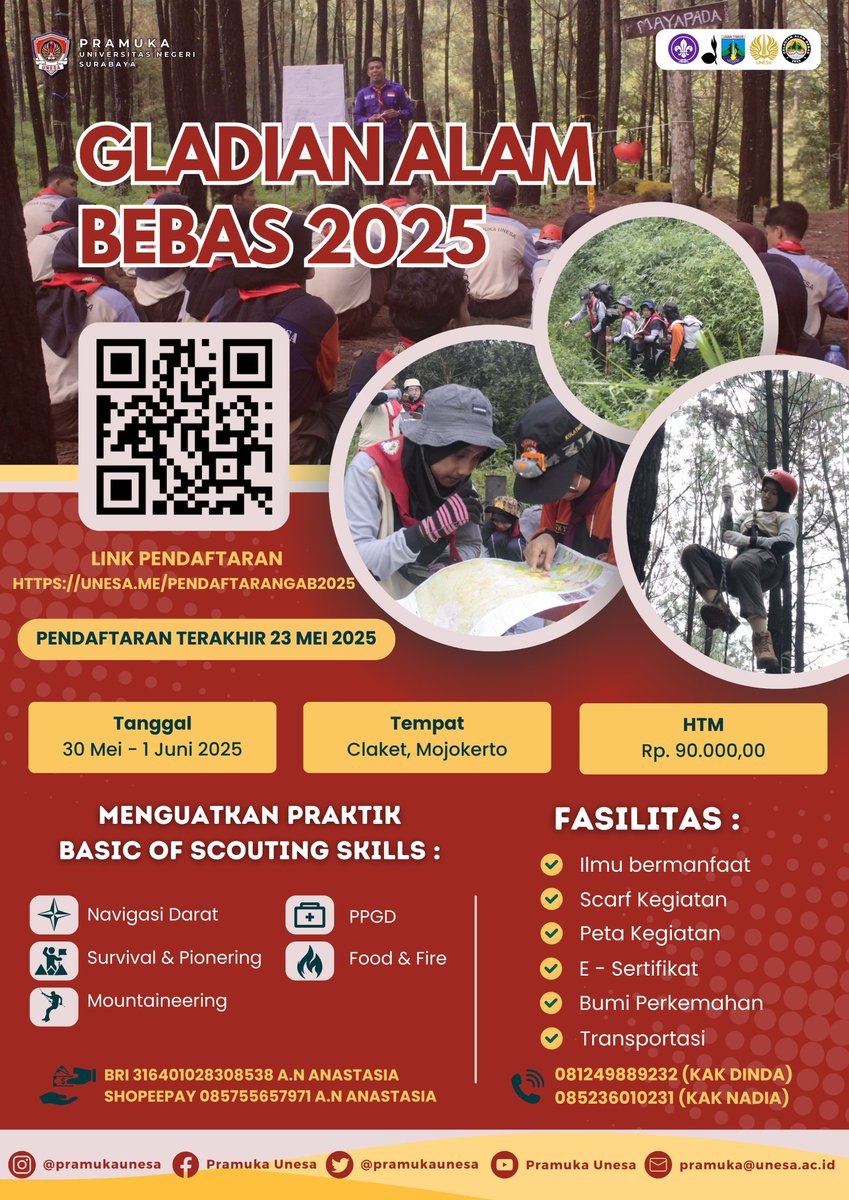 saudaraku, kata mimin ayoo ikutan kegiatan Gladian Alam Bebas (GAB) 2025‼️

Kegiatan ini ga kalah seruw dari KOP, jangan sampai kelewat yaa tanggal terakhir pendaftarannya.

link pendaftaran bisa diakses disini 👇🏻
unesa.me/PendaftaranGAB…