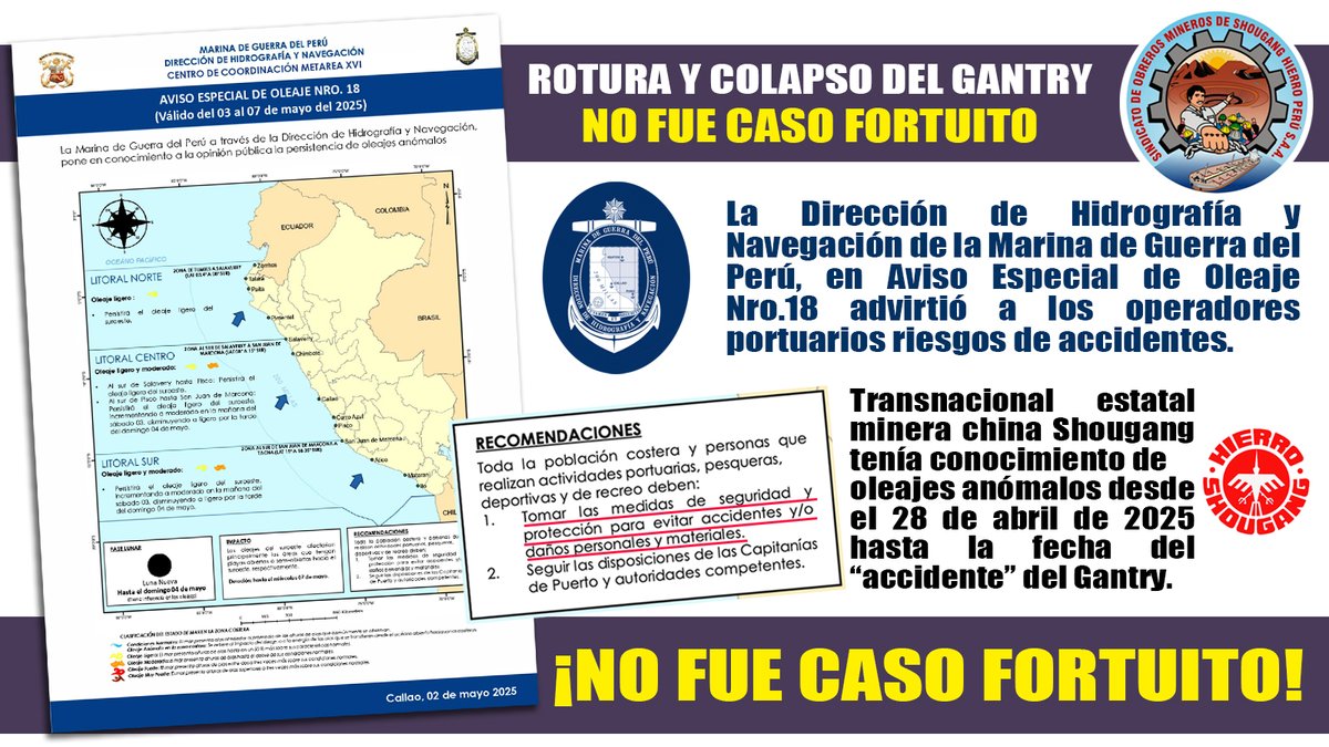 Rotura y colapso del Gantry en el Puerto de San Nicolás concesión minera de #Shougang NO FUE CASO FORTUITO. La <a href="/DHN_peru/">Hidrografía Perú</a> de la Marina de Guerra <a href="/naval_peru/">Marina de Guerra</a> en Avisos Especiales de Oleaje anómalos 17, 18 y 19 (bit.ly/4kqrk7l) advirtió a todos los operadores portuarios de